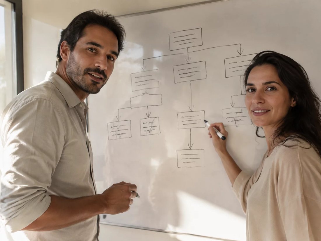 Dupla em pé diante de um quadro branco com o esqueleto de um argumento desenhado